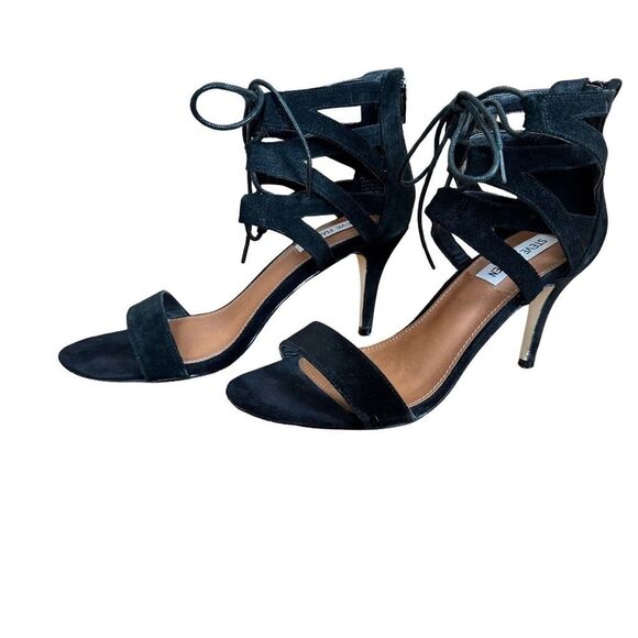 Steve Madden Strappy Black Suede Open Toe Heel Shoes Size 8 - Picture 1 of 12